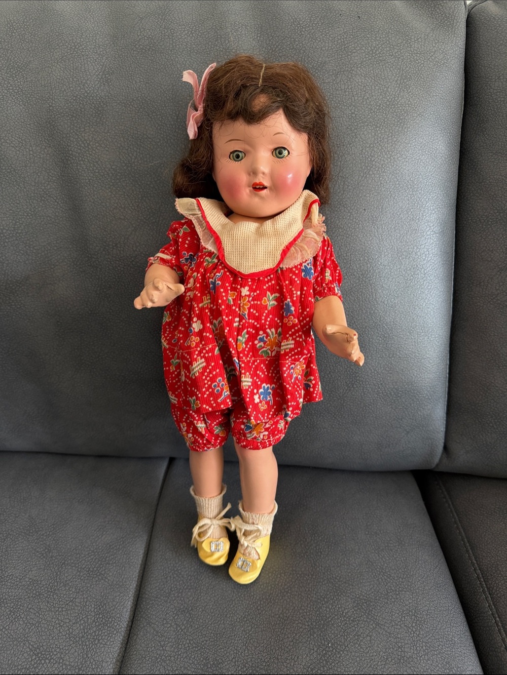 Vintage Red Floral Cloth Doll with Brown Hair and Yellow Shoes